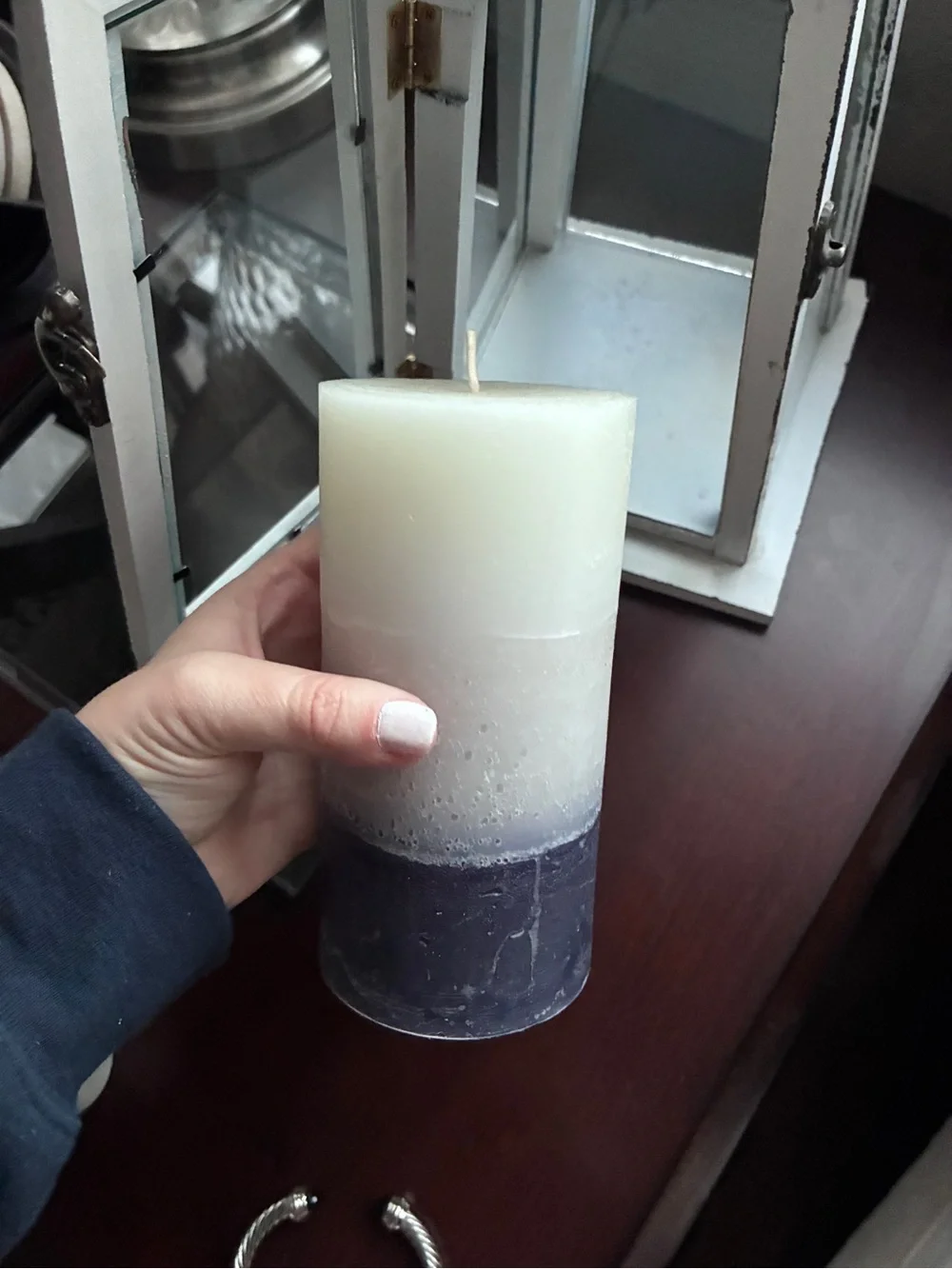 Distressed White Wooden Lantern with Two-Tone Candle - Rustic Accent